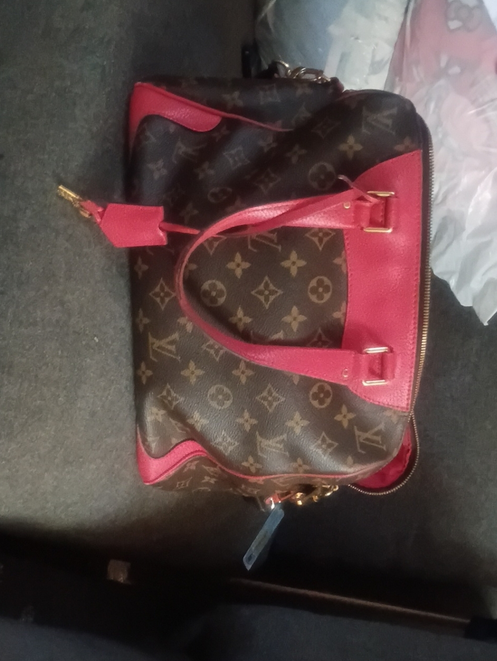 Brown Monogram Shoulder Bag with Red Trim